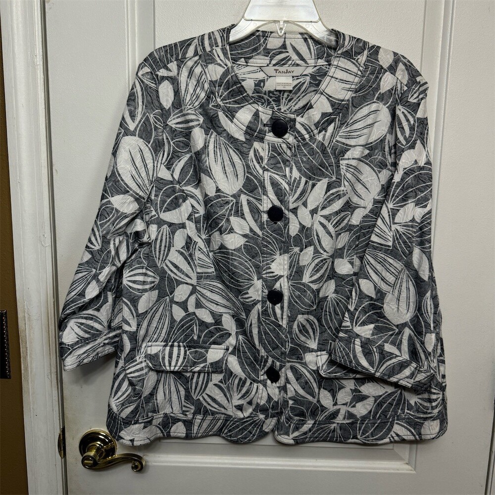 TanJay Jacket Womens Size 16 Blue & White Leaf Print Collarless Blazer